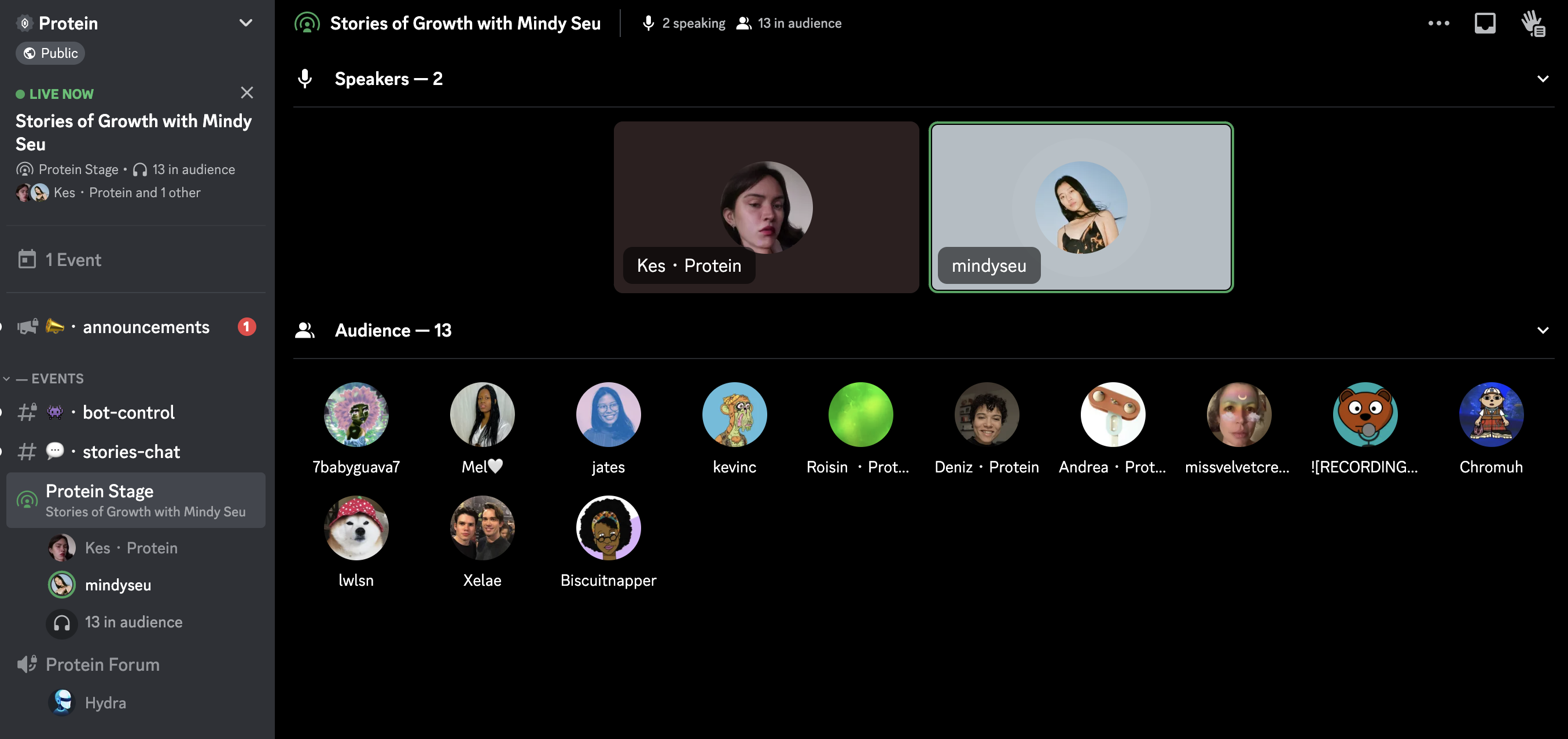 Screenshot of the live Stories of Growth Podcast event with Mindy Seu, hosted by Kes Inkersole, in the Protein Community Discord